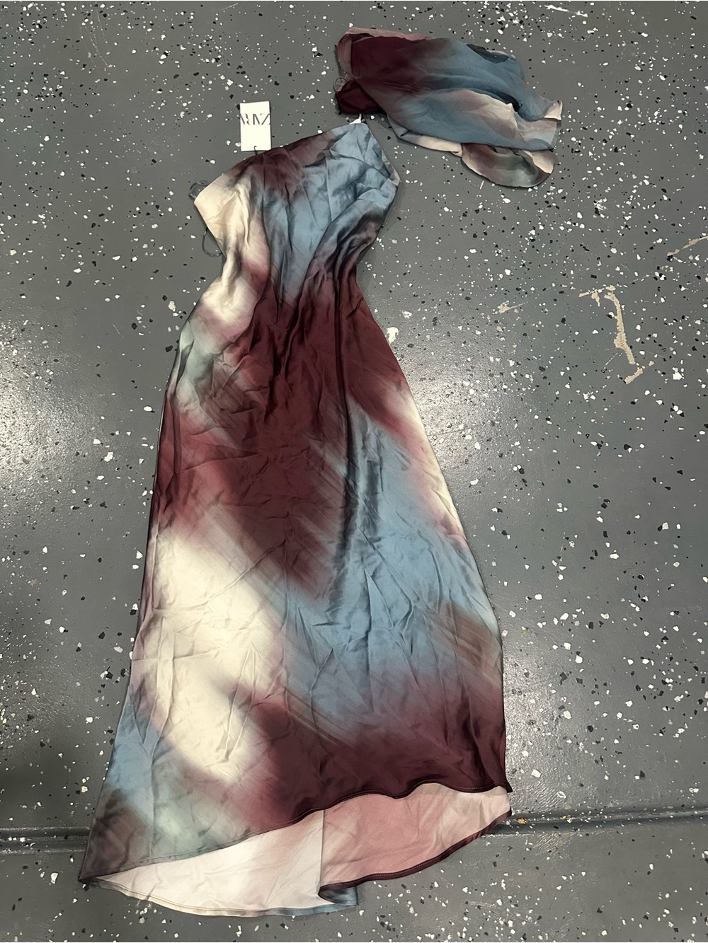 Zara One-Shoulder Tie-Dye Maxi Dress in Burgundy, Dusty Blue & Ivory